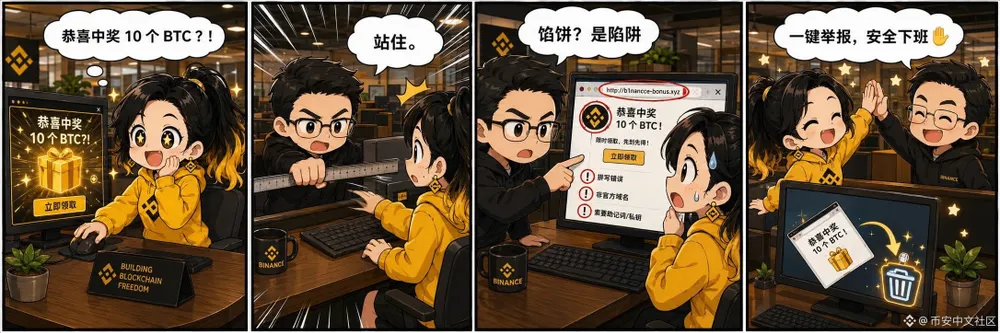 四格漫画:同事收到中奖弹窗,被拦下识破是钓鱼网站,一键举报安全下班